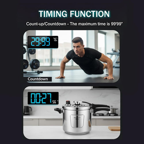 Digital wall clock mounted in modern kitchen displaying time temperature and humidity levels