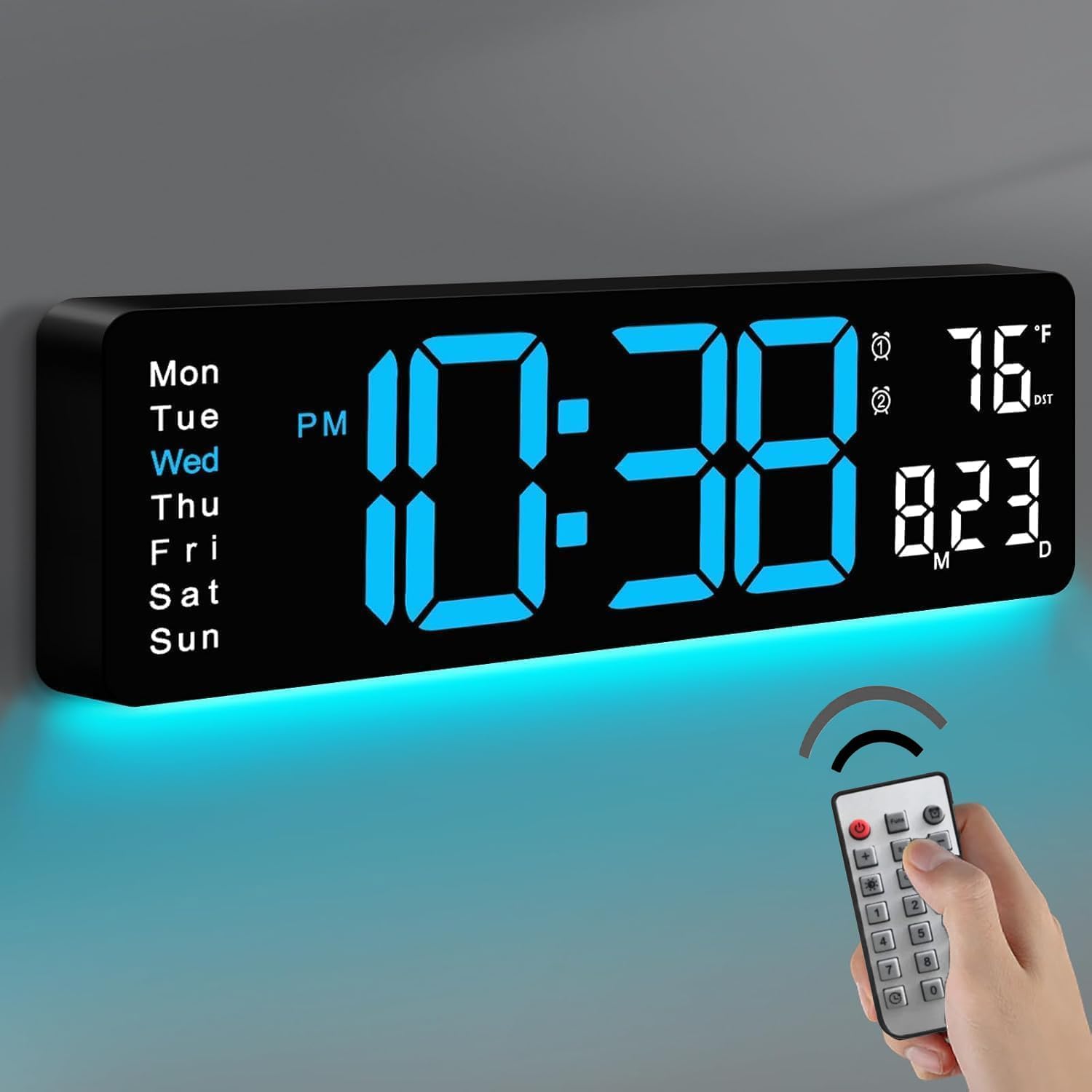 Large digital wall clock with LED display showing time temperature and humidity calendar date