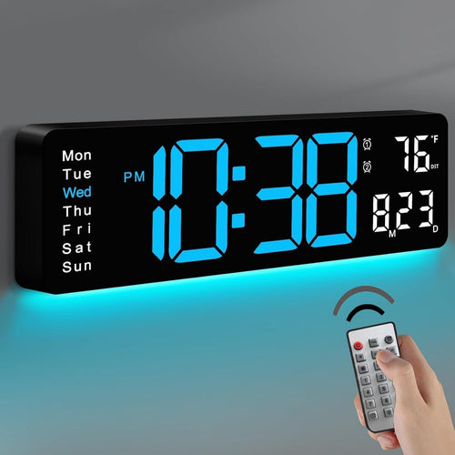 Large digital wall clock with LED display showing time temperature and humidity calendar date