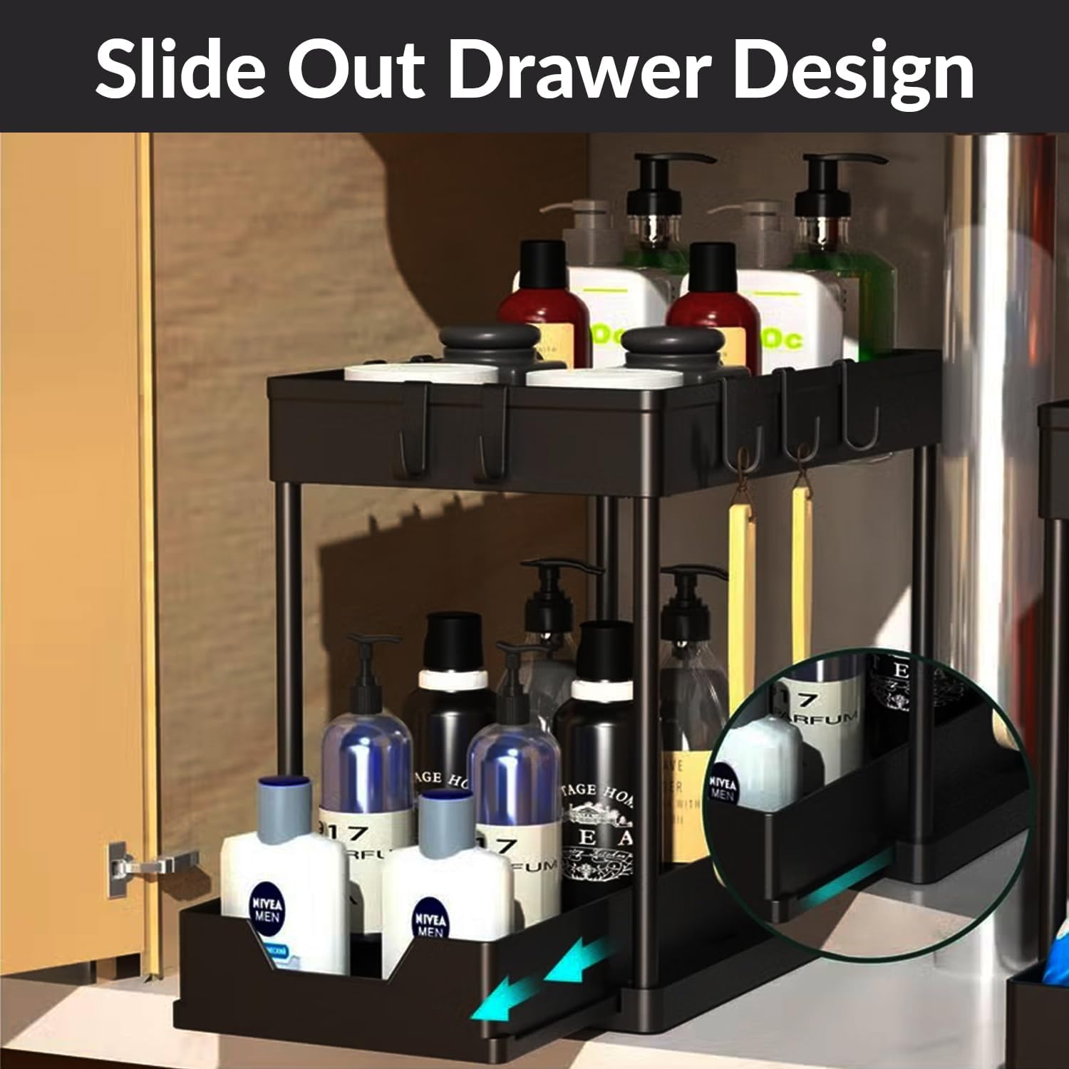 Under Sink Organizer 2 Pack – 2 Tier Sliding Drawer with Hooks & Cup | Black