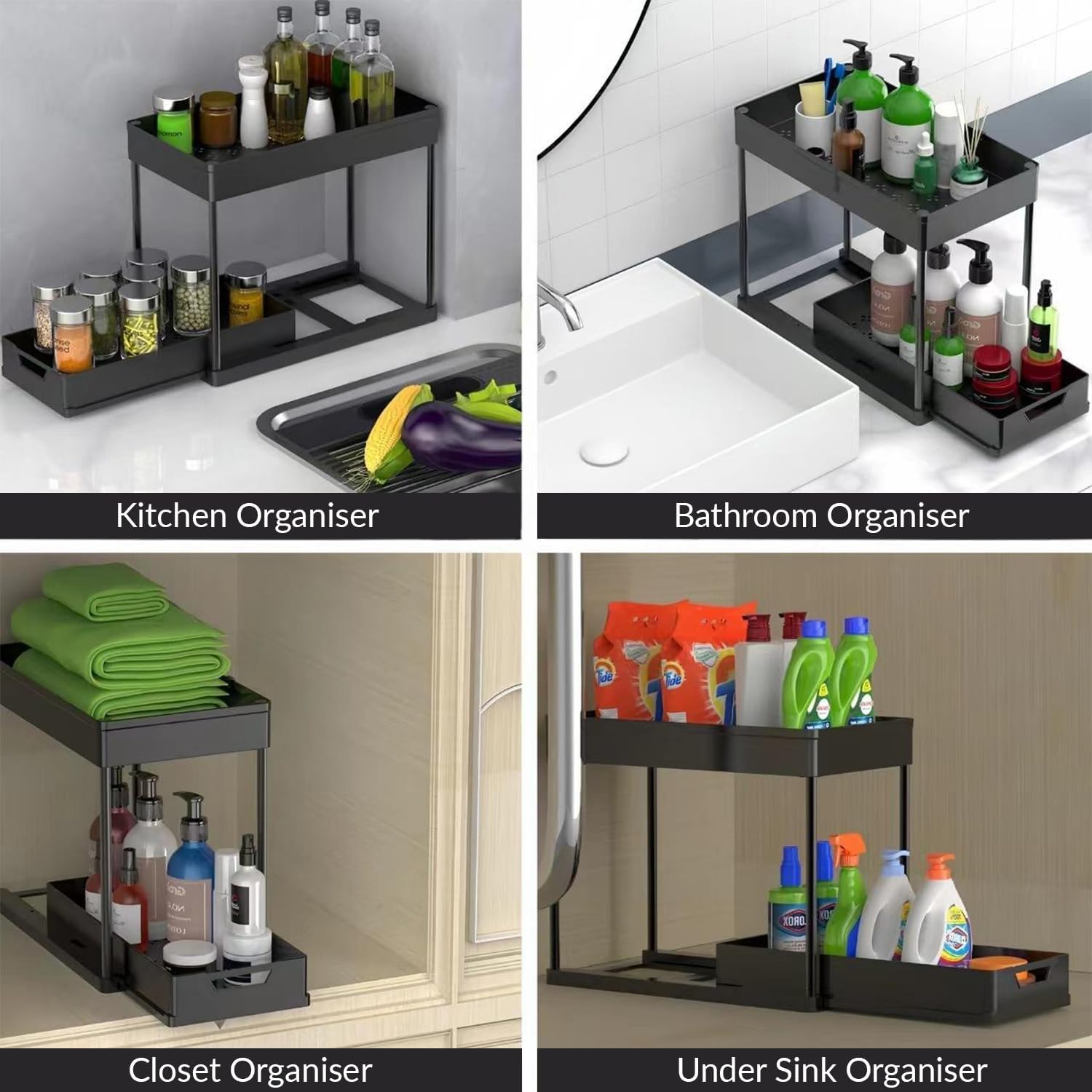 Underbed storage bags sliding under bed frame, organized bedroom with space-saving storage solution